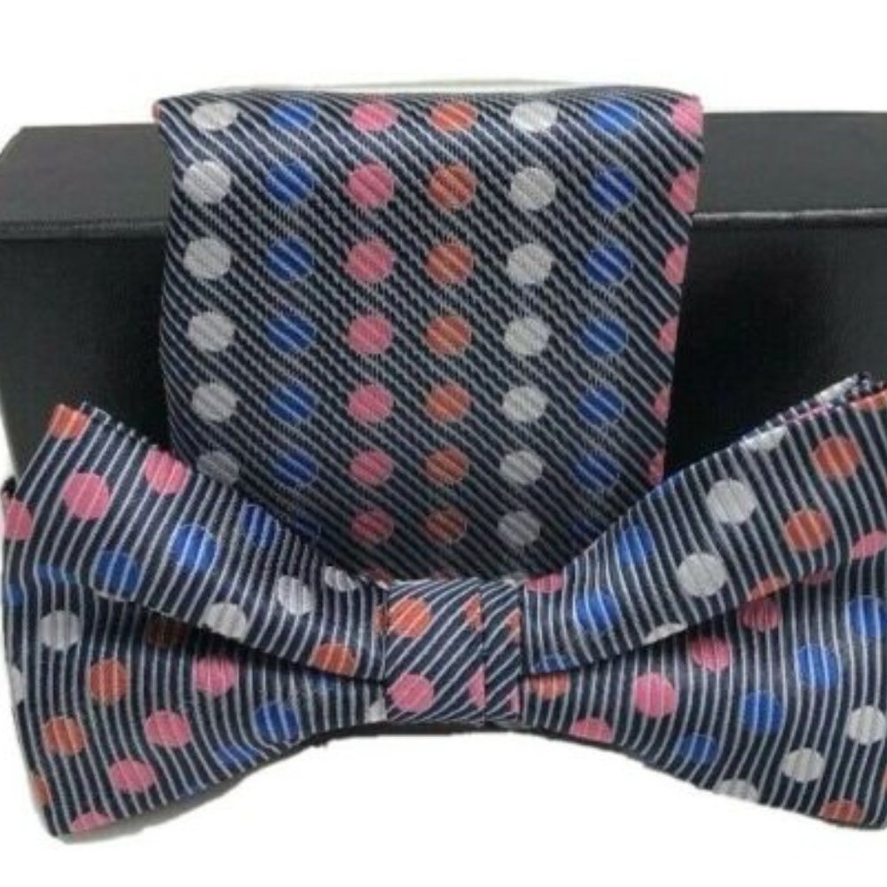 Barcelona Men's Bow Tie Hanky Set Navy Blue Gray Orange Fuchsia Polka Dots